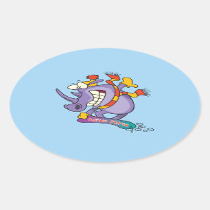 funny snowboarder snowboarding rhino cartoon oval sticker