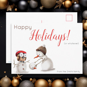 Funny Snowman and Owl Holiday Christmas Postcard