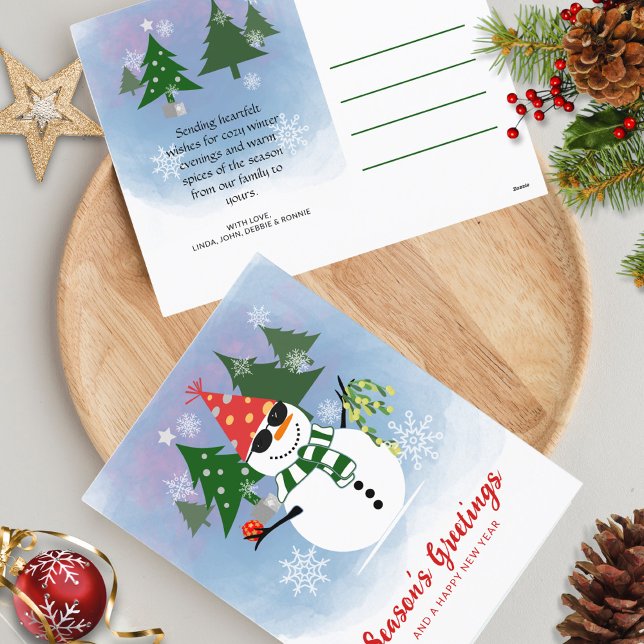 Funny Snowman Christmas Postcard with Pine Trees (Creator Uploaded)