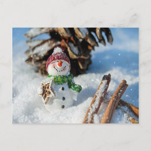 Funny snowman eating treats postcard