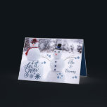 Funny Snowman Family Christmas Holiday Card<br><div class="desc">A Funny Snowman Family Christmas Holiday Card, designed with two cute snowmen in a winter setting. The front text includes: Let It Snow, and your names. The inside text includes: Your Christmas message - Merry Christmas and Happy New Year, and your family names, on a matching blue background. To personalise,...</div>