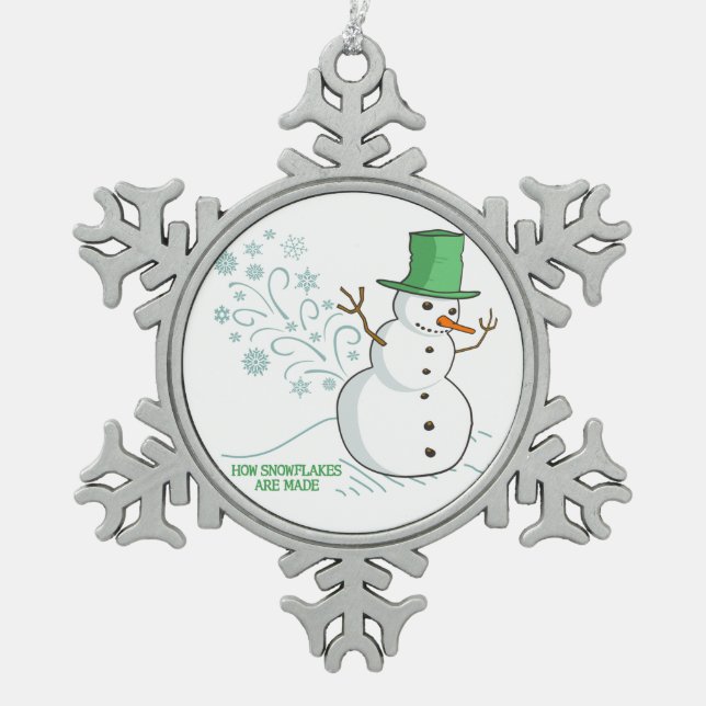 Funny Snowman Farts Snowflakes Snowflake Pewter Christmas Ornament (Front)
