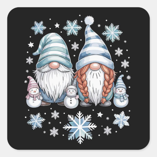 Funny Snowman Gnomies With Snowflakes Cute Winter  Square Sticker (Front)