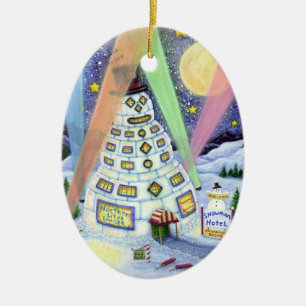 FUNNY SNOWMAN HOTEL, NORTHERN LIGHTS And PENGUINS Ceramic Tree Decoration