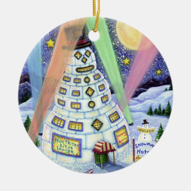 FUNNY SNOWMAN HOTEL, NORTHERN LIGHTS And PENGUINS Ceramic Tree Decoration (Front)