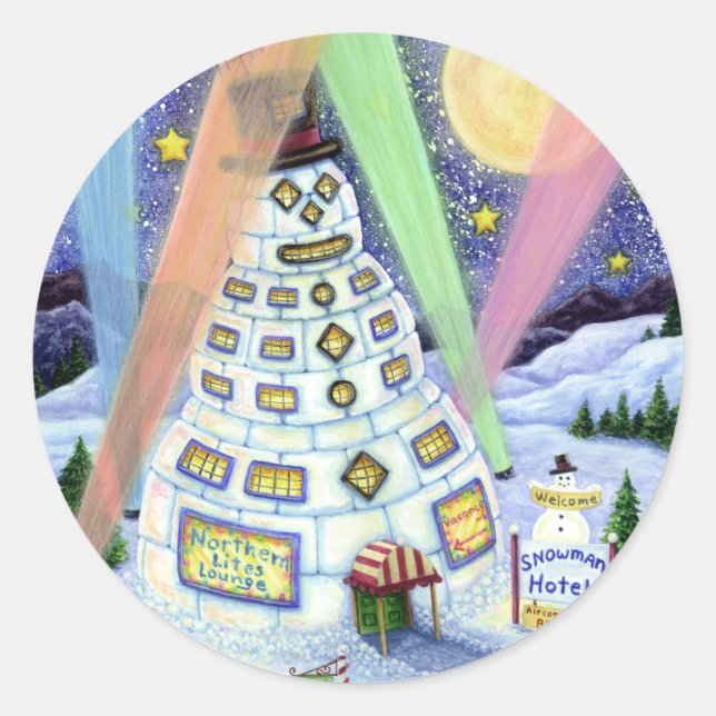 FUNNY SNOWMAN HOTEL, NORTHERN LIGHTS And PENGUINS Classic Round Sticker (Front)