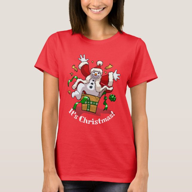 Funny Snowman It's Christmas! Big Surprise Cartoon T-Shirt (Front)