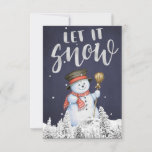 Funny Snowman | Let It Snow Silver Typography Card<br><div class="desc">Let It Snow silver glitter brushed typography script over a big snowman with hat and red scarf surrounded by falling snow against a dark midnight blue chalkboard background with a mountains scene with pine trees making a rustic modern winter holidays greeting card. Personalise it with your text and signature on...</div>