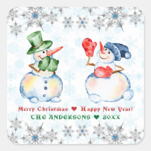 Funny Snowman Merry Christmas Crystals Snowflakes Square Sticker