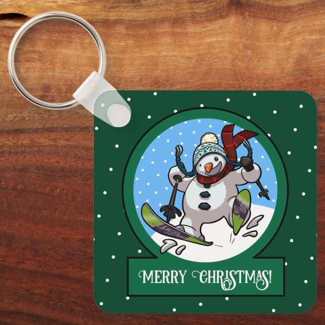 Funny Snowman Merry Christmas! Skiing Cartoon Key Ring (Front)