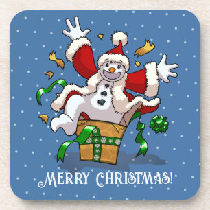 Funny Snowman Merry Christmas Surprise Cartoon Coaster