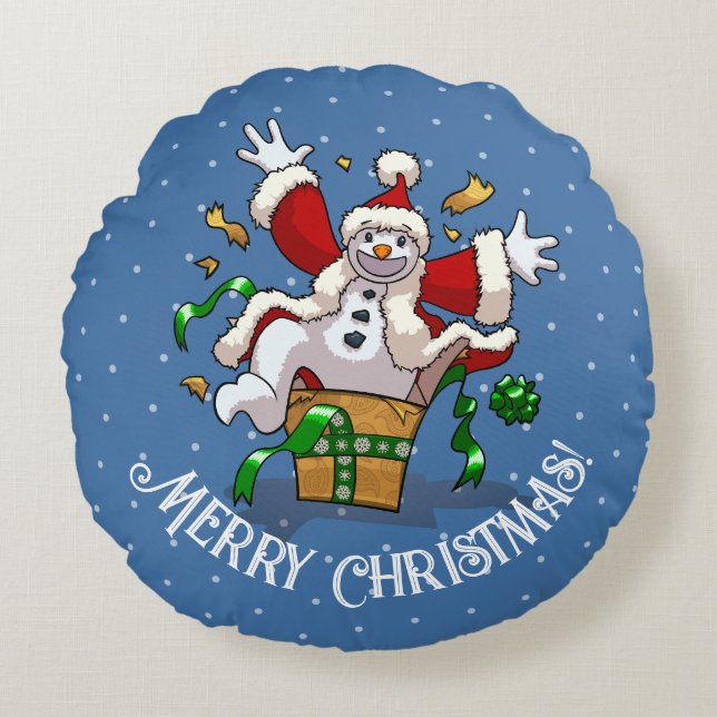 Funny Snowman Merry Christmas Surprise Cartoon Round Cushion (Front)