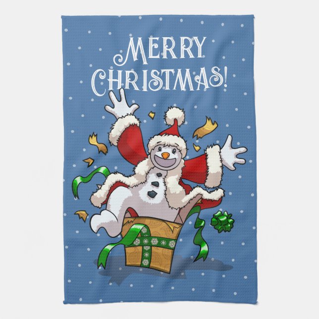 Funny Snowman Merry Christmas Surprise Cartoon Tea Towel (Vertical)