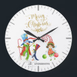 Funny Snowman Penguin Gold Glitter Merry Christmas Large Clock<br><div class="desc">Unique watercolour cute & funny Snowman and Pinguin,  Christmas fairy,   faux gold glitter ornamental hand lettered "Merry Christmas",  "The" calligraphy. Use Personalize tool to add your info,  change message. More ideas in my Unique Christmas Collection.</div>