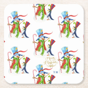 Funny Snowman Penguin Gold Glitter Merry Christmas Square Paper Coaster