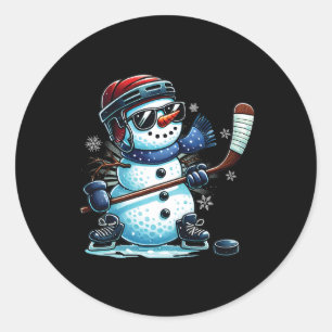 Funny Snowman Playing Ice Hockey Lovers Boys Girls Classic Round Sticker