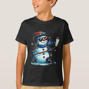 Funny Snowman Playing Ice Hockey Lovers Boys Girls T-Shirt