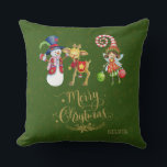 Funny Snowman Rudy Fairy Gold Merry Christmas Cushion<br><div class="desc">Unique watercolour cute & funny Snowman with Rudolph reindeer,  Fairy decorator,  faux gold glitter ornamental hand lettered "Merry Christmas" calligraphy,  on green and white (on the back) background. Use Personalise tool to add your info,  change message. More ideas in my Unique Christmas Collection.</div>