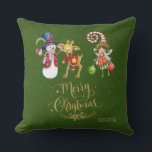 Funny Snowman Rudy Fairy Gold Merry Christmas Cushion<br><div class="desc">Unique watercolour cute & funny Snowman with Rudolph reindeer,  Fairy decorator,  faux gold glitter ornamental hand lettered "Merry Christmas" calligraphy,  on green and white (on the back) background. Use Personalise tool to add your info,  change message. More ideas in my Unique Christmas Collection.</div>