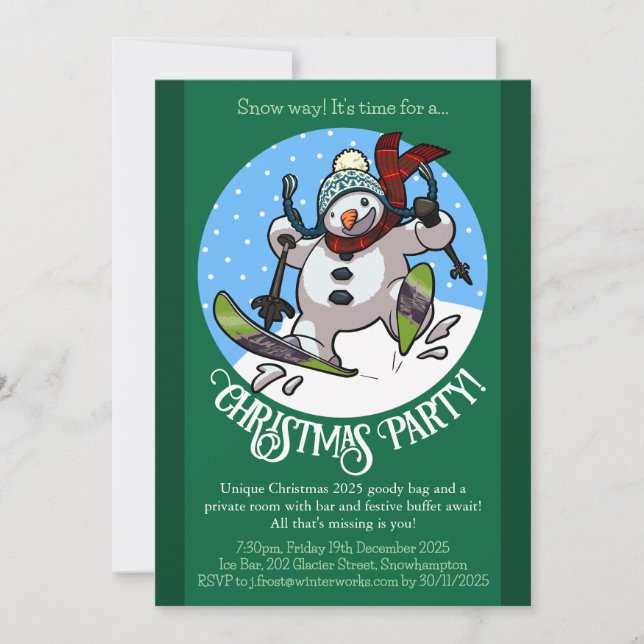 Funny Snowman Skiing Christmas Party Year Cartoon Invitation (Front)