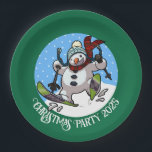 Funny Snowman Skiing Christmas Party Year Cartoon Paper Plate<br><div class="desc">A funny skiing snowman on paper cups to add some magic to your Christmas party. Use "Personalise this template" to tweak the text or year and make a unique, customised xmas accessory. The cups feature a cartoon of a cute snowman with a carrot nose, dashing downhill through the snow on...</div>