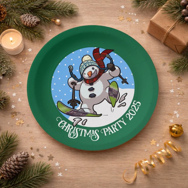 Funny Snowman Skiing Christmas Party Year Cartoon Paper Plate (Creator Uploaded)