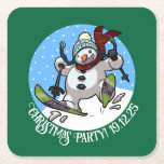 Funny Snowman Skiing Christmas Party Year Cartoon  Square Paper Coaster<br><div class="desc">A cute snowman skier on paper coasters for the Christmas party. Use "Personalise this template" to change the text to suit your event. Get the (snow) ball rolling for this year's Christmas party, with these cool coasters; featuring a happy snowman with a carrot nose, dashing downhill through the snow on...</div>