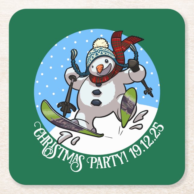 Funny Snowman Skiing Christmas Party Year Cartoon  Square Paper Coaster (Front)