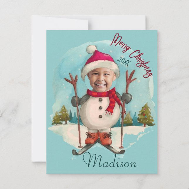 Funny Snowman Snowman Skiing Kids Photo Holiday (Front)