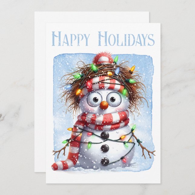 Funny Snowman Winter Christmas Lights Holiday Card (Front/Back)