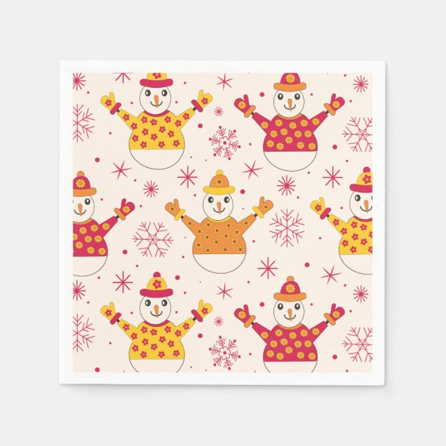 Funny Snowman with floral sweaters and snowflakes  Napkin (Front)