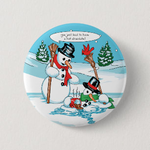 Funny Snowman with Hot Chocolate Cartoon 6 Cm Round Badge