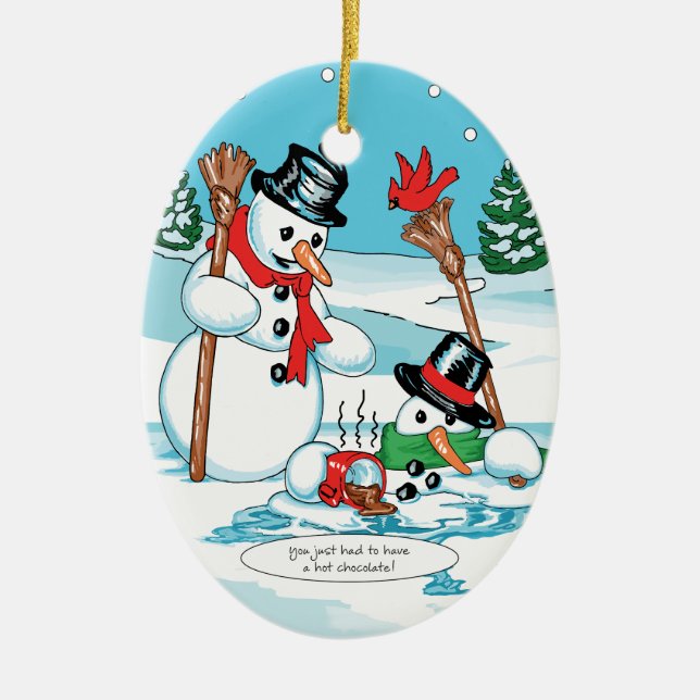 Funny Snowman with Hot Chocolate Cartoon Ceramic Tree Decoration (Front)