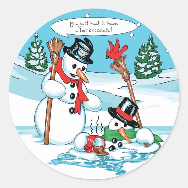 Funny Snowman with Hot Chocolate Cartoon Classic Round Sticker (Front)