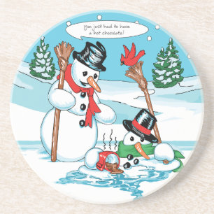 Funny Snowman with Hot Chocolate Cartoon Coaster