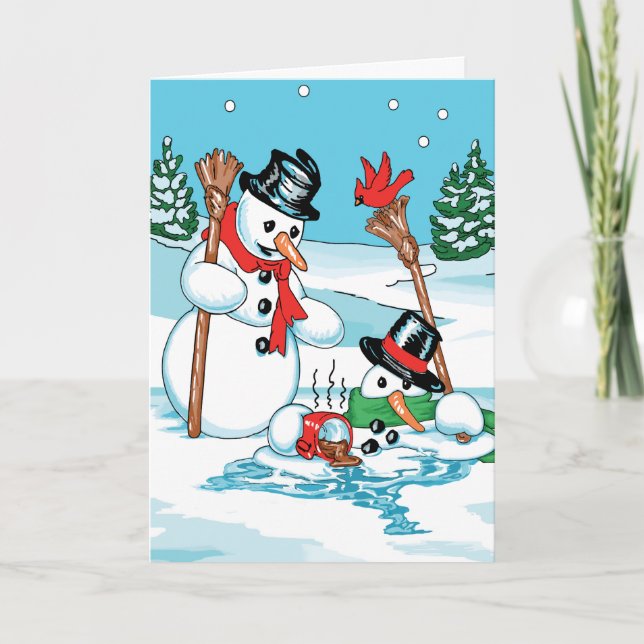 Funny Snowman with Hot Chocolate Cartoon Holiday Card (Front)