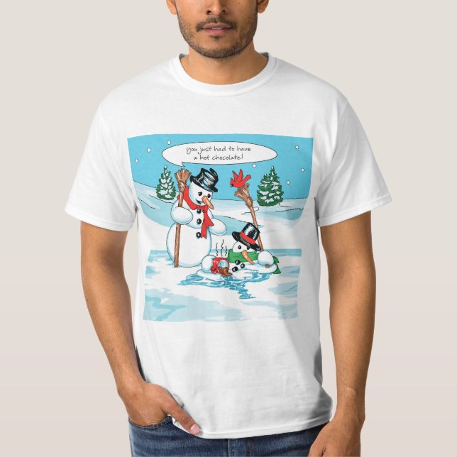 Funny Snowman with Hot Chocolate Cartoon T-Shirt (Front)
