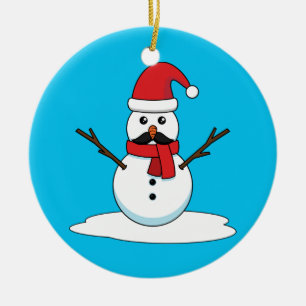 Funny Snowman with Moustache and Carrot Ceramic Tree Decoration
