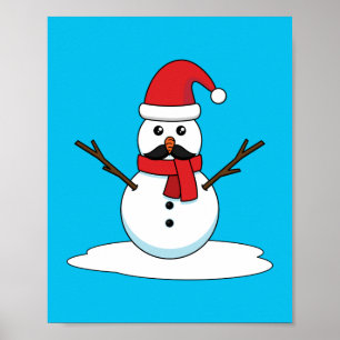 Funny Snowman with Moustache and Carrot Poster