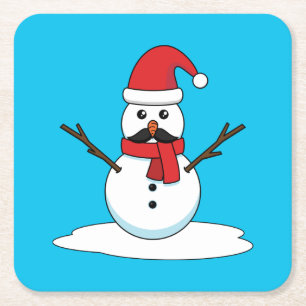 Funny Snowman with Mustache and Carrot Square Paper Coaster