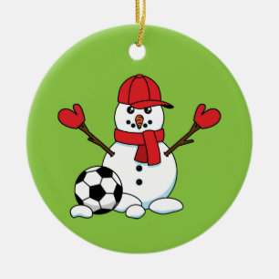 Funny Snowman with Soccer Ball Ceramic Tree Decoration