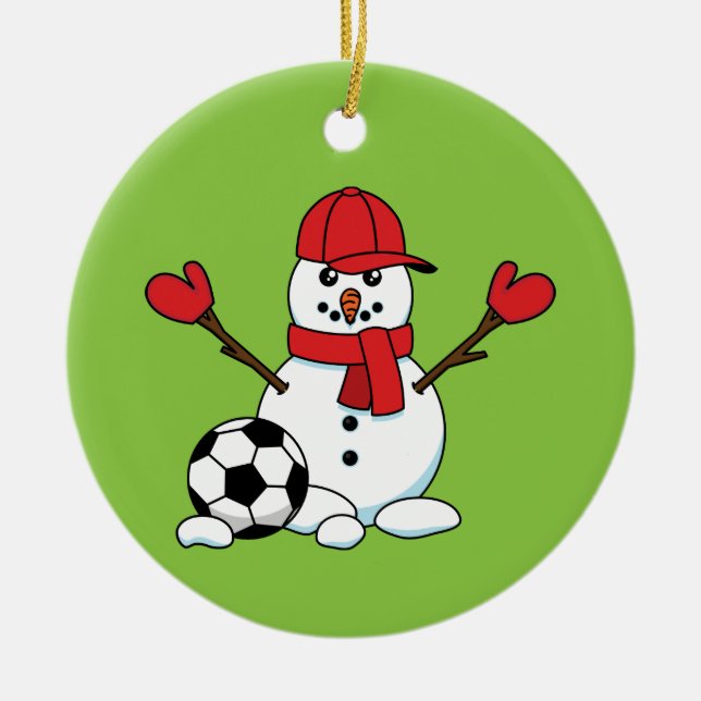 Funny Snowman with Soccer Ball Ceramic Tree Decoration (Front)
