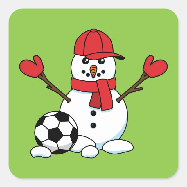 Funny Snowman with Soccer Ball Square Sticker (Front)