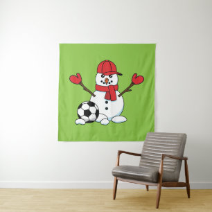 Funny Snowman with Soccer Ball Tapestry