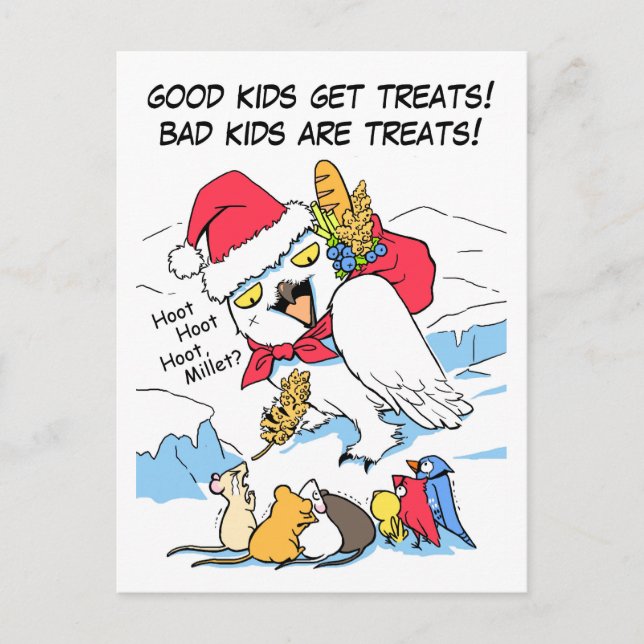 Funny snowy owl santa meme holiday postcard (Front)