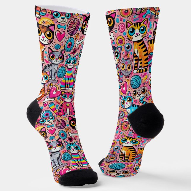 Funny Socks For Cat Lovers Vibrant Pattern (Angled)