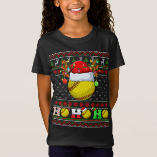 Funny Softball Ball Xmas Tree Lights Ugly Christma T-Shirt