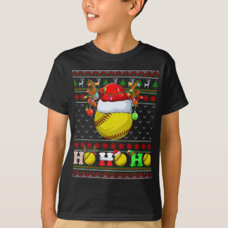 Funny Softball Ball Xmas Tree Lights Ugly Christma T-Shirt