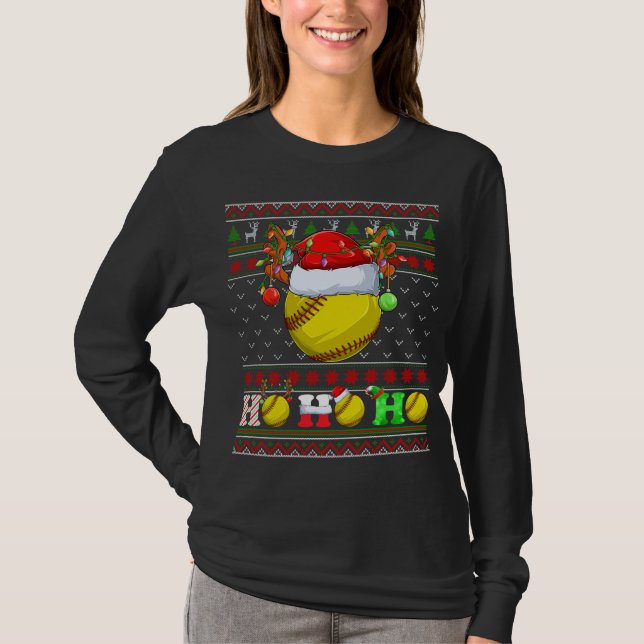 Funny Softball Ball Xmas Tree Lights Ugly Christma T-Shirt (Front)