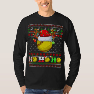 Funny Softball Ball Xmas Tree Lights Ugly Christma T-Shirt